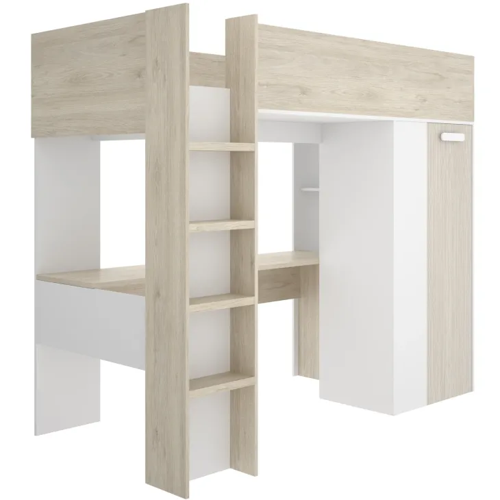 Letto a castello per bambini con scrivania e armadio 205x112cm rovere bianco Lenny