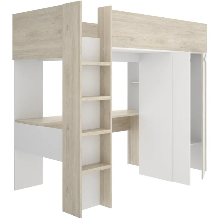 Letto a castello per bambini con scrivania e armadio 205x112cm rovere bianco Lenny