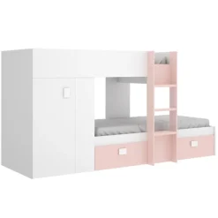 Letto a castello per bambini con armadio 271x111cm rosa bianco Pooh