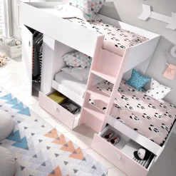 Letto a castello per bambini con armadio 271x111cm rosa bianco Pooh