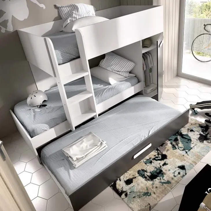 Letto a castello 90x190 con armadio 244x126cm bianco grafite 3 letti Damian