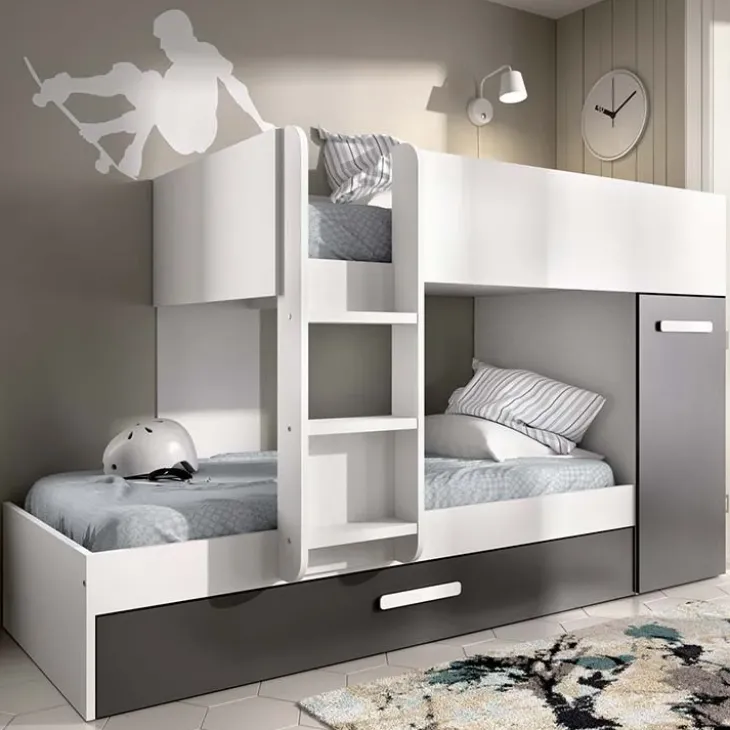 Letto a castello 90x190 con armadio 244x126cm bianco grafite 3 letti Damian