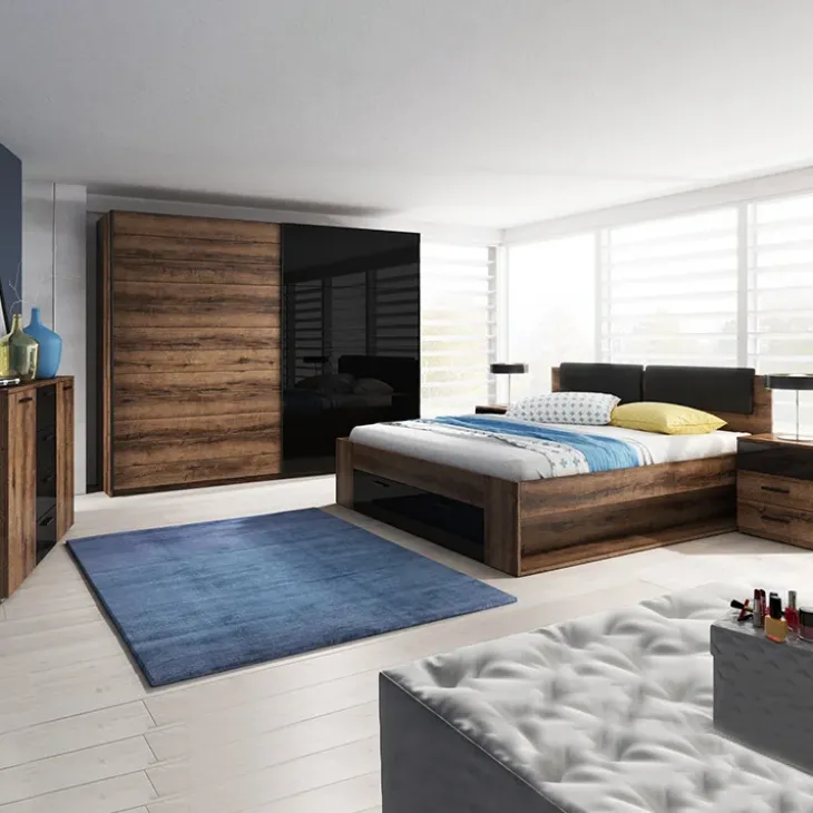 Letto alla francese 140x200cm con cassettone e vani laterali rovere scuro nero lucido Cortina Gihome®