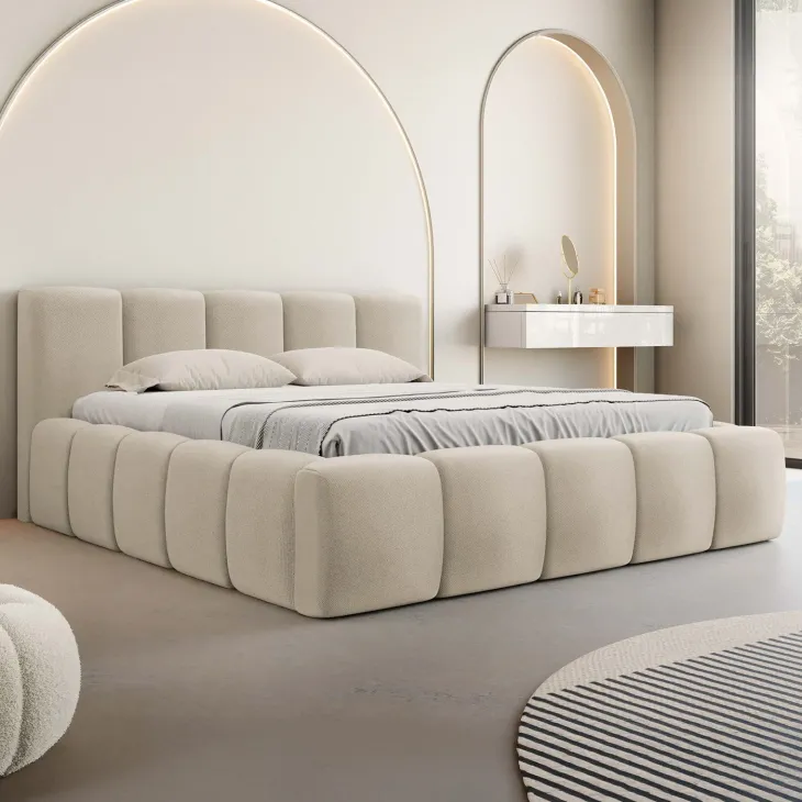 Letto alla francese 140x200cm con rete contenitore imbottito beige Aluna