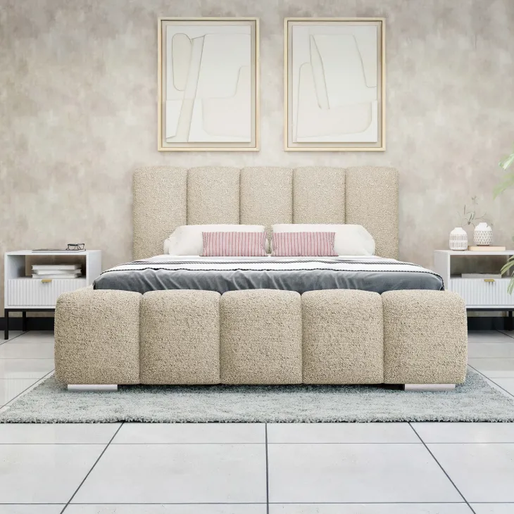 Letto alla francese 140x200 cm con rete contenitore imbottito tessuto bouclé beige Cometa