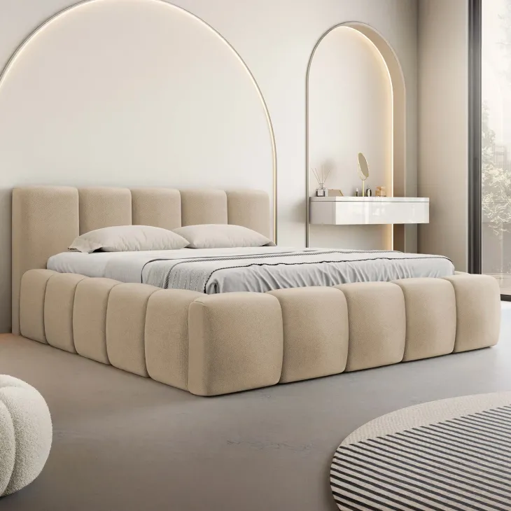 Letto alla francese 140x200cm con rete contenitore imbottito beige scuro Aluna
