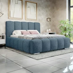 Letto alla francese 140x200 cm con rete contenitore imbottito tessuto bouclé blu Cometa