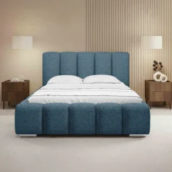 Letto alla francese 140x200 cm con rete contenitore imbottito tessuto bouclé blu Cometa