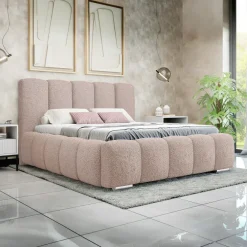Letto alla francese 140x200 cm con rete contenitore imbottito tessuto bouclé rosa Cometa