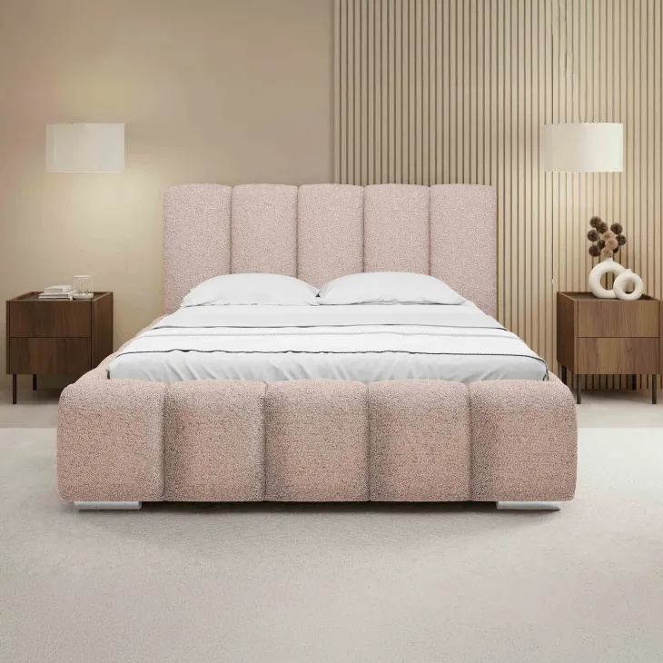 Letto alla francese 140x200 cm con rete contenitore imbottito tessuto bouclé rosa Cometa