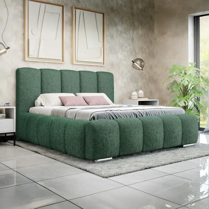 Letto alla francese 140x200 cm con rete contenitore imbottito tessuto bouclé verde Cometa