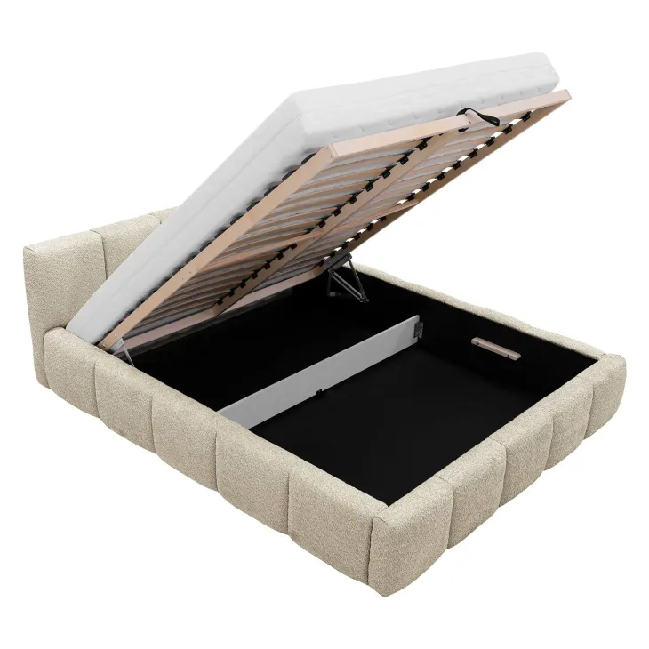 Letto alla francese 140x200cm con rete contenitore imbottito tessuto bouclé beige Aluna