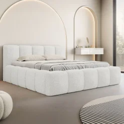 Letto alla francese 140x200cm con rete contenitore imbottito tessuto bouclé bianco Aluna