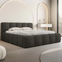 Letto alla francese 140x200cm con rete contenitore imbottito tessuto bouclé nero Aluna
