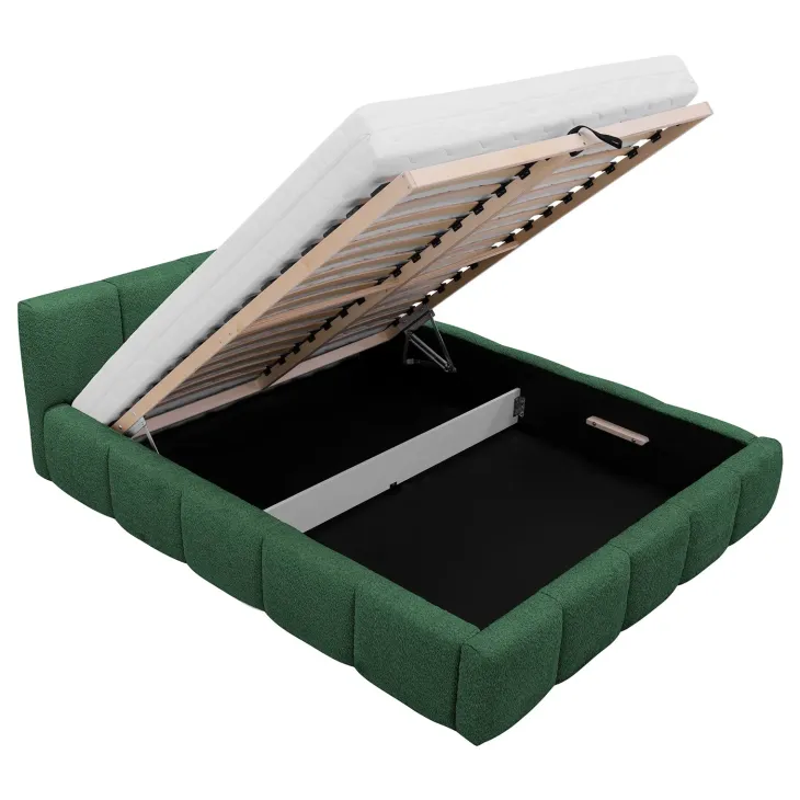 Letto alla francese 140x200cm con rete contenitore imbottito tessuto bouclé verde Aluna