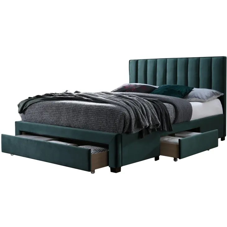 Letto alla francese 140x200cm imbottito con cassettoni verde scuro Lux