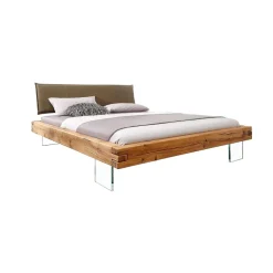 Letto alla francese 140x200cm testiera imbottita piedi in vetro legno massello rovere tortora Resilia