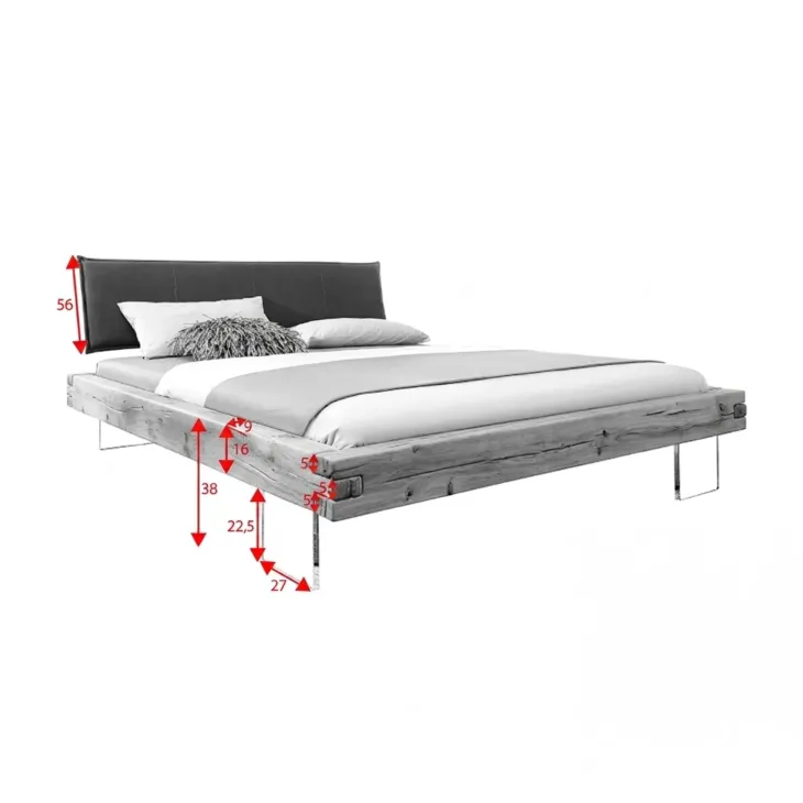 Letto alla francese 140x200cm testiera imbottita piedi in vetro legno massello rovere tortora Resilia