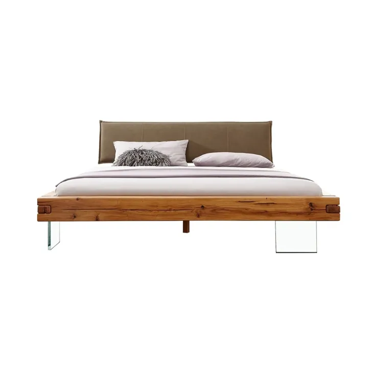 Letto alla francese 140x200cm testiera imbottita piedi in vetro legno massello rovere tortora Resilia