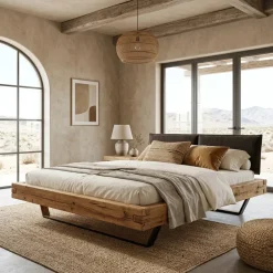 Letto alla francese 140x200cm testiera imbottita gambe in metallo legno massello rovere antracite Venalia