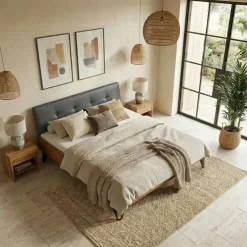 Letto alla francese 140x200cm testiera imbottita piedi in metallo legno massello rovere antracite Cortelia