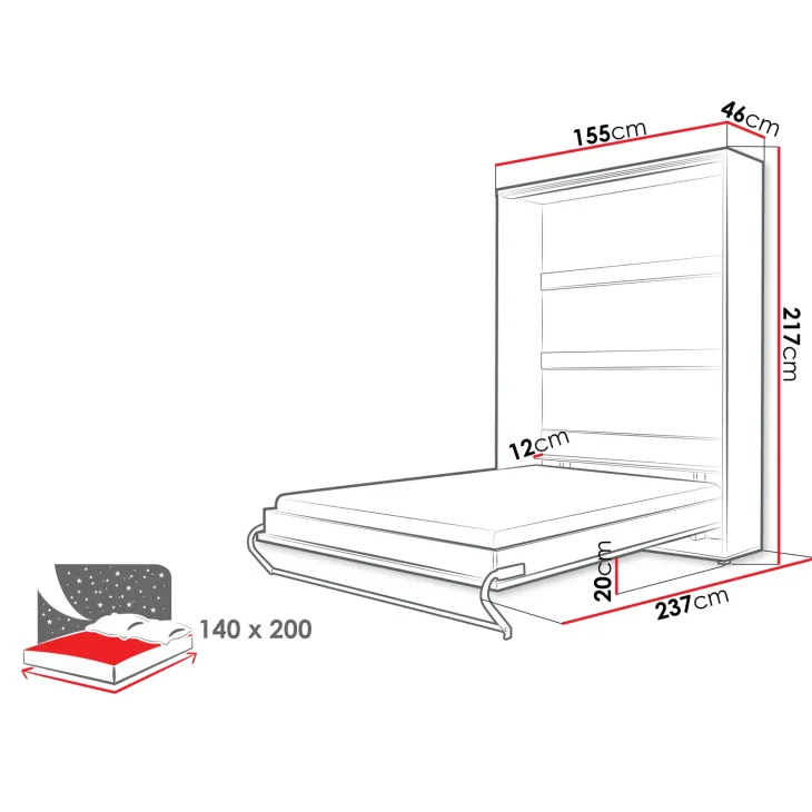 Letto a scomparsa verticale 140x200 cm alla francese bianco Chimera