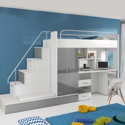 Letto a soppalco con armadio 324x180cm bianco grigio 2 letti Diego Gihome®