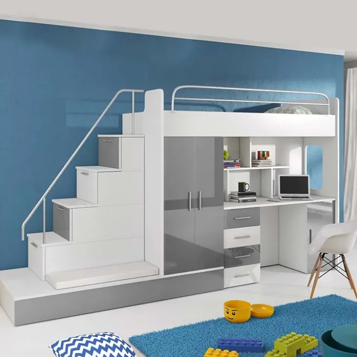 Letto a soppalco con armadio 324x180cm bianco grigio 2 letti Diego Gihome®