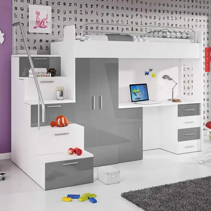 Letto a soppalco con armadio 254x120cm bianco grigio Simone Gihome®