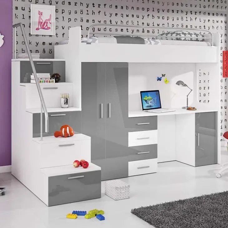 Letto a soppalco con armadio 254x120cm bianco grigio Simone Gihome®