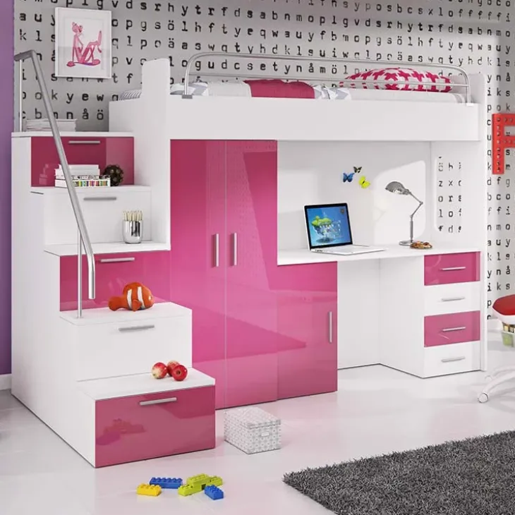 Letto a soppalco con armadio 254x120cm bianco rosa Simone Gihome®