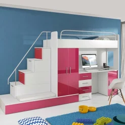 Letto a soppalco con armadio 324x180cm bianco rosa 2 letti Diego Gihome®