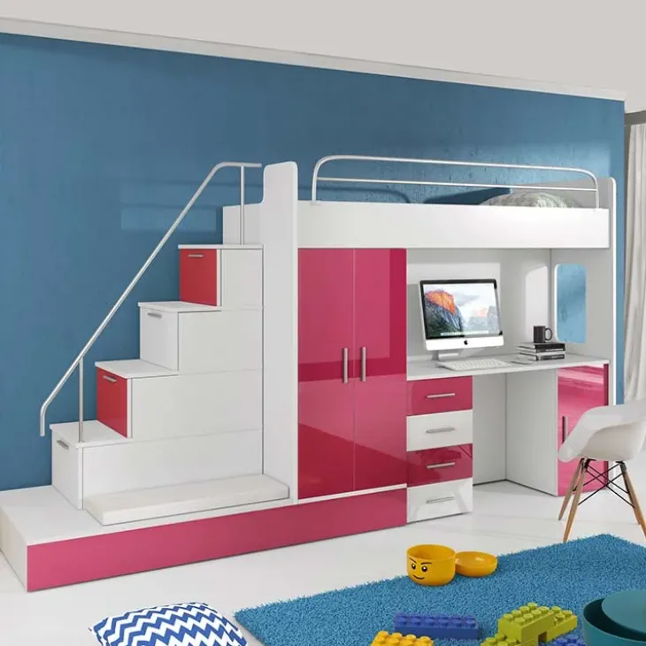 Letto a soppalco con armadio 324x180cm bianco rosa 2 letti Diego Gihome®