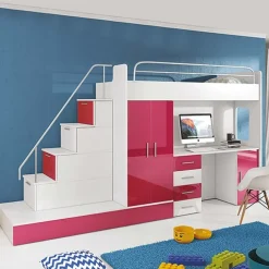 Letto a soppalco con armadio 324x180cm bianco rosa 2 letti Diego Gihome®