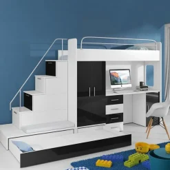 Letto a soppalco con armadio 324x180cm bianco nero 2 letti Diego Gihome®