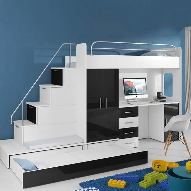 Letto a soppalco con armadio 324x180cm bianco nero 2 letti Diego Gihome®