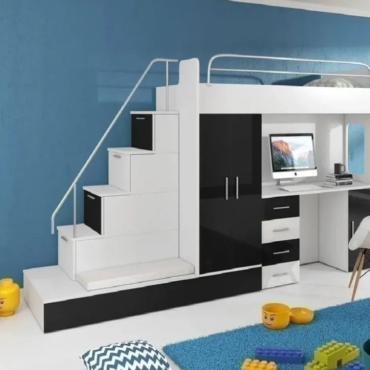 Letto a soppalco con armadio 324x180cm bianco nero 2 letti Diego Gihome®