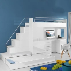 Letto a soppalco con armadio 324x180cm bianco 2 letti Diego Gihome®