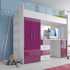Letto a soppalco per bambini con armadio 204x86cm bianco viola Luca