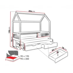 Letto bambini Montessori a casetta 90x200cm con letto estraibile e cassettoni rovere Homy