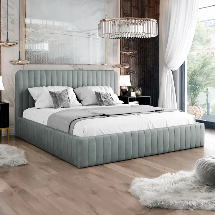 Letto contenitore alla francese 140x200cm imbottito velluto grigio Poffi