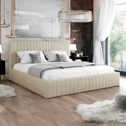 Letto contenitore matrimoniale oversize 180x200 imbottito velluto beige Poffi