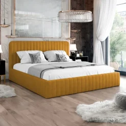 Letto contenitore matrimoniale oversize 180x200 imbottito velluto senape Poffi