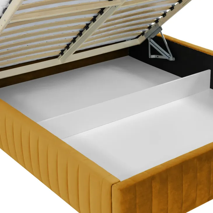Letto contenitore matrimoniale oversize 180x200 imbottito velluto senape Poffi