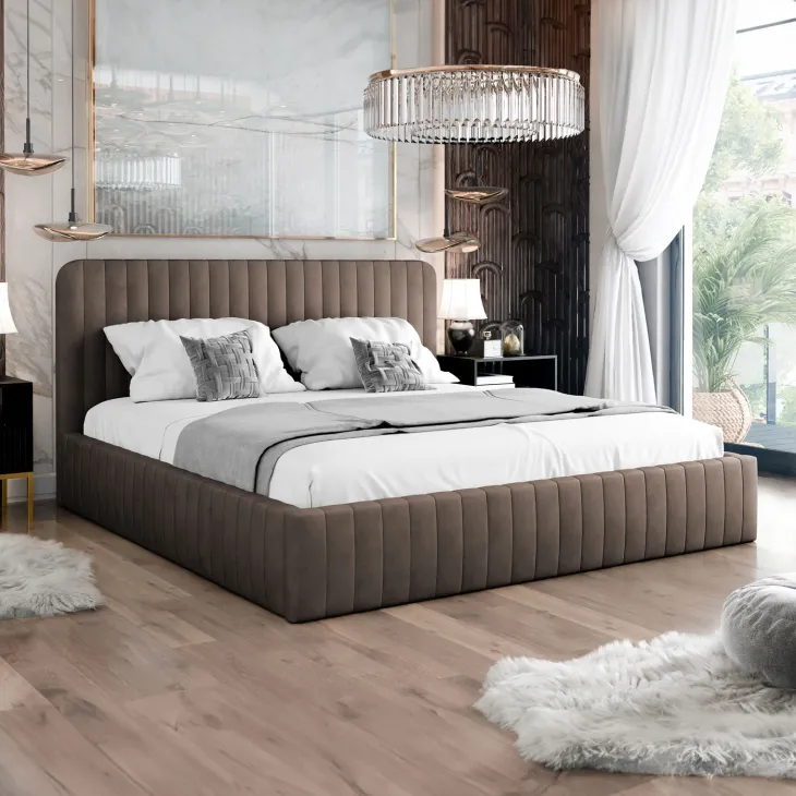 Letto contenitore matrimoniale oversize 180x200 imbottito velluto marrone Poffi