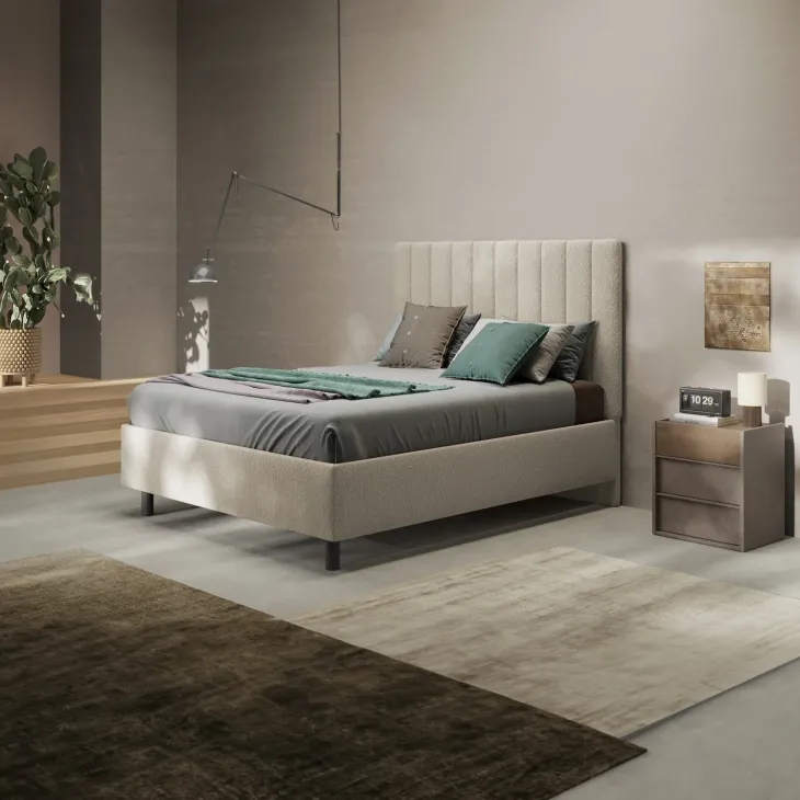 Letto contenitore matrimoniale 160x195 imbottito tessuto bouclè beige CozyCubby