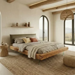 Letto king size 200x200cm testiera imbottita piedi in vetro legno massello rovere tortora Resilia