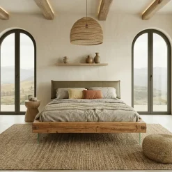 Letto king size 200x200cm testiera imbottita piedi in vetro legno massello rovere tortora Resilia