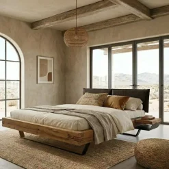 Letto king size 200x200cm testiera imbottita gambe in metallo legno massello rovere antracite Venalia