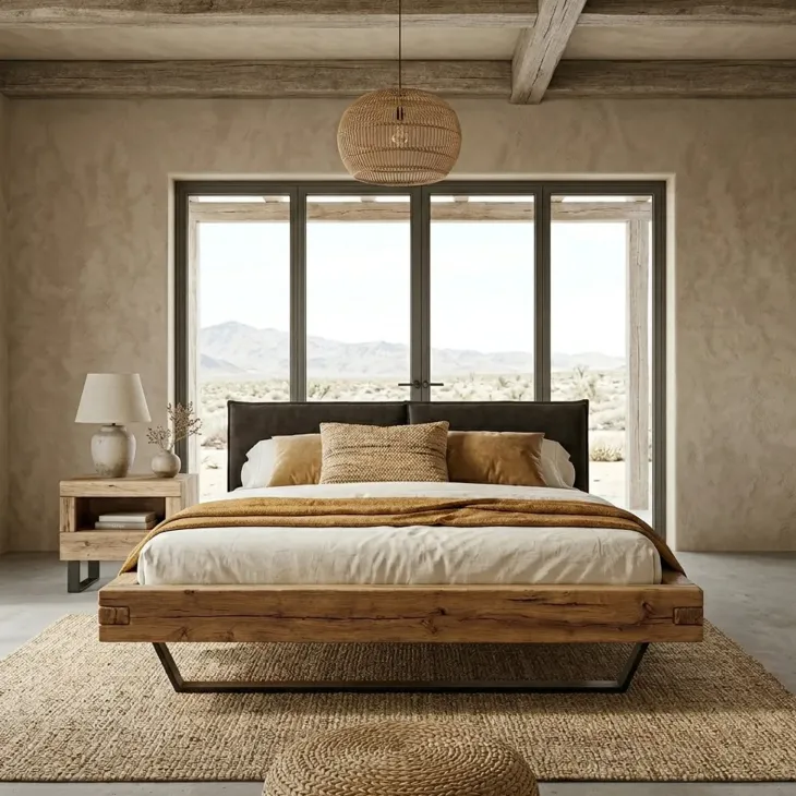 Letto king size 200x200cm testiera imbottita gambe in metallo legno massello rovere antracite Venalia
